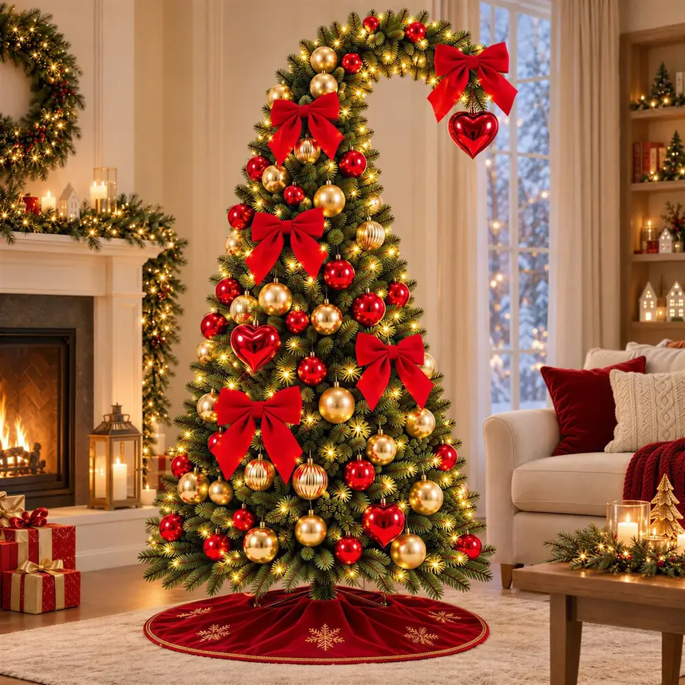 Decorated pre-lit Christmas tree in a cozy American living room